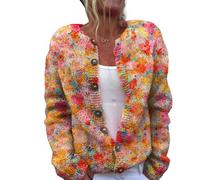 Women's Cardigan Chunky Knitted Jacket Colourful Print Jacke Cardigans with Buttons Plus Size Christmas Sweater Short Casual Top