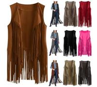 Womens Cardigan Lightweight Fringe Solid Sleeveless Waistcoat Vest Faux Suede Open Front Vintage Vest 70s Hippie Clothes Boho Western Jacket Kimono Outerwear Bolero Cardigans Waterfall Cardigan
