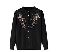 Womens Cardigan,Middle-Aged and Elderly Knitted Cardigan Sweaters Women's Lightweight Crew Neck Jumper Vintage Floral Embroidered Long Sleeve Button Jacket Grandma Gifts Black S