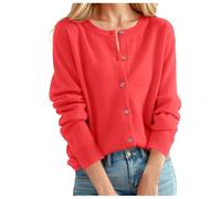 Women's Cardigan Pullover Classic Round Neck Button Collar Knitted Open Front Women's Cuddly Jacket, red, S