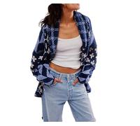 Women's Cardigan Sweater Button Down Shawl Collar Oversized Sweater Y2k Print Coats Color Block Plaid Cardigans Winter (Blue,one Size)