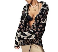 Women's Cardigan Sweater Button Down Shawl Collar Oversized Sweater Y2k Print Coats Color Block Plaid Cardigans Winter (Black,one Size)