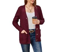 Womens Cardigan Sweaters Cable Knit Sweater 2025 Fall Winter Chunky Open Front Button Down Coats with Pockets, Wine Red, UK 16-18