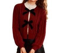 Women's Cardigan Winter Solid Color 3D Bow Tie Front Decor Knot Long Sleeve Crewneck Loose Fit Sweaters Jacket Knitwear (Burgundy B, XL)
