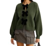 Women's Cardigan Winter Solid Color 3D Bow Tie Front Decor Knot Long Sleeve Crewneck Loose Fit Sweaters Jacket Knitwear (Green A, M)