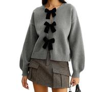 Women's Cardigan Winter Solid Color 3D Bow Tie Front Decor Knot Long Sleeve Crewneck Loose Fit Sweaters Jacket Knitwear (Gray A, L)