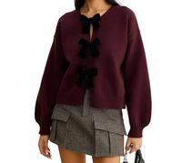 Women's Cardigan Winter Solid Color 3D Bow Tie Front Decor Knot Long Sleeve Crewneck Loose Fit Sweaters Jacket Knitwear (Burgundy A, M)