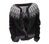 Women's Cardigan with Norwegian Pattern, Buttoned Cardigan in Scandinavian Style, Rustic Fair Isle Cardigan with Colour Gradient, style_r03 gray, XXL