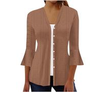 Womens Cardigans 3/4 Sleeve V-Neck Button Down Eyelet Cover Up Outerwear Soft Casual Knitted Top for Ladies Khaki 3XL