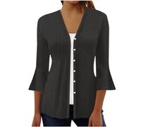 Womens Cardigans 3/4 Sleeve V-Neck Button Down Eyelet Cover Up Outerwear Soft Casual Knitted Top for Ladies Black L