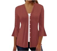 Womens Cardigans 3/4 Sleeve V-Neck Button Down Eyelet Cover Up Outerwear Soft Casual Knitted Top for Ladies Wine S