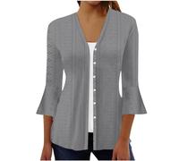 Womens Cardigans 3/4 Sleeve V-Neck Button Down Eyelet Cover Up Outerwear Soft Casual Knitted Top for Ladies Gray 3XL