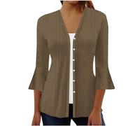Womens Cardigans 3/4 Sleeve V-Neck Button Down Eyelet Cover Up Outerwear Soft Casual Knitted Top for Ladies Brown L