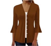 Womens Cardigans 3/4 Sleeve V-Neck Button Down Eyelet Cover Up Outerwear Soft Casual Knitted Top for Ladies Brown XXL