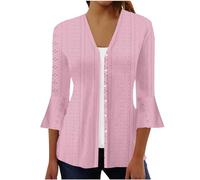 Womens Cardigans 3/4 Sleeve V-Neck Button Down Eyelet Cover Up Outerwear Soft Casual Knitted Top for Ladies Pink L