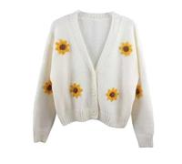 Womens Cardigans Boho Floral Applique Plus Size Knitwear Ladies Jumpers | Chic Bohemian Style, Classic Round Neck Design, Retro Graphic Sweater Jacket, Cozy Weekend Outfit, Soft Knitted Texture
