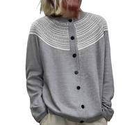 Women's Cardigans Fairisle Argyle Jumper Button Down Long Sleeve Sweater Vintage Loose Knitted Tops(Grey, L)