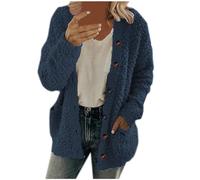 Womens Cardigans Fluffy Warm Comfy Fleece Jackets Button Up Solid Color Long Sleeve Thermal Cardigans with Pockets Coats Ladies Autumn Winter Casual Loose Fit Wool Comfy Outerwear Dark Blue