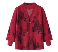 Women's Cardigans, Ladies Twinset Middle-Aged and Elderly Knitted Cardigan Old Lady Casual Top Two Piece Floral Shawl Sweaters Loose Fit Elegant Grandma Wear Warm Knitwear for Fall Autumn Bu Burgundy