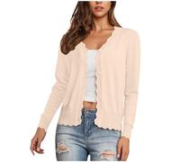 Women's Cardigans Long Sleeve V Neck Button Down Knit Sweaters Lightweight Open Front Outerwear Ladies Casual Solid ColorScalloped Shrugs Jumper Cardigan for Dress Summer Evening Wedding Beige