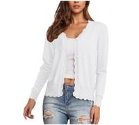 Women's Cardigans Long Sleeve V Neck Button Down Knit Sweaters Lightweight Open Front Outerwear Ladies Casual Solid ColorScalloped Shrugs Jumper Cardigan for Dress Summer Evening Wedding White
