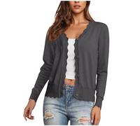 Women's Cardigans Long Sleeve V Neck Button Down Knit Sweaters Lightweight Open Front Outerwear Ladies Casual Solid ColorScalloped Shrugs Jumper Cardigan for Dress Summer Evening Wedding Dark Gray