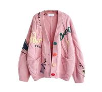 Women's Cardigans, Loose Fit V Neck Button Down Chunky Cable Knit Sweater Cardigan with Pockets, Colourful Embroidery Ladies Knitwear for Autumn Winter