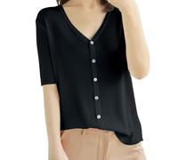 Women's Cardigans Short Sleeve, Ladies Summer Cardigans for Women UK Waistcoat Women Knitted Cropped Cardigan Plain Sweatshirt Fabricoat Summer Cardigan Women's V Neck Knit Short Sleeved Black