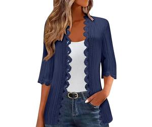 Women's Cardigans Summer Jackets for Women UK Sweater Clothing Lightweight Solid Color Beach Lace Side Open Front Casual Thin Cover Up Cardigan 3/4 Sleeve Cotton Sweater Cardigan (Navy, XXXL)