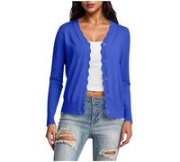 Women's Cardigans Summer Knit Long Sleeve V Neck Button Down Lightweight Outerwear Dressy Cropped Cardigan Ladies Scalloped Shrugs Jumper Cardigan Sweater Jacket Women Tops Daily Wear