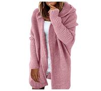 Women's Cardigans Winter Open Front Long Cardigans Loose Fitting Chunky Knit Kimono Hooded Sweater Coat Plus Size Soft Solid Cable Knit Sweater Fall Winter Jumper Jackets (Pink, L)