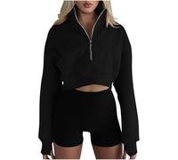 Women's Cardigans Women's Half Zip Pullover Cropped Sweatshirts Long Sleeve Shirts with Thumbhole Solid Color Sports Gym Running Crop Tops Stand Collar Jacket Sportswear Ladies Blouses Black