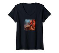 Women's Cardinal with Guitar and Coffee Birdlover Birdwatcher Bird V-Neck T-Shirt