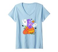 Womens Care Bears Halloween Harmony Bear Holding A Happy Pumpkin V-Neck T-Shirt