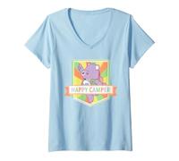 Women's Care Bears: Unlock the Magic Happy Camper Share Bear V-Neck T-Shirt