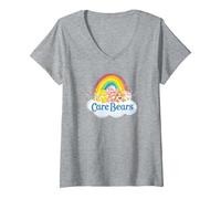 Women's Care Bears Vintage Rainbow Cheer Bear Sweet Group Logo V-Neck T-Shirt, Heather Grey, Small