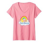 Women's Care Bears Vintage Rainbow Cheer Bear Sweet Group Logo V-Neck T-Shirt, Pink, Small