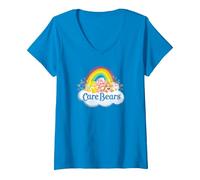 Women's Care Bears Vintage Rainbow Cheer Bear Sweet Group Logo V-Neck T-Shirt, Sapphire Blue, Medium