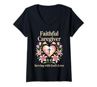 Womens Caregiving Proud Nurse Nursing Caretaker Faithful Caregiver V-Neck T-Shirt