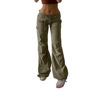 Women's Cargo Pants Fashion Low Waist Elastic Waist Straight Leg Pants Loose Casual Boyfriend Straight Bottoms Regular Fit Pull On Vintage Bootcut Trousers Flared Y2K Streetwear Army Green