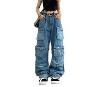 Women's Cargo Pants Y2K Clothing Multi-Pocket Relaxed Fit Jeans Grunge Clothes Alt Emo Hip Streetwear, Blue, XL