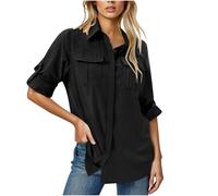 Womens Cargo Shirt Half Sleeve Fishing Safari Shirts Classic Button Down T Shirt UPF 50+ Breathable Activewear Street Walking Lounge Pullover Regular Fit Tunic Work Party Tops A-Black