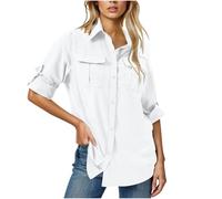 Womens Cargo Shirt Half Sleeve Fishing Safari Shirts Classic Button Down T Shirt UPF 50+ Breathable Activewear Street Walking Lounge Pullover Regular Fit Tunic Work Party Tops A-White