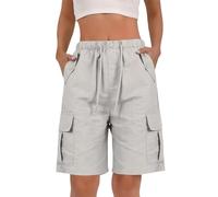 Womens Cargo Shorts 2026 Summer Cotton Linen Bermuda Shorts with Multiple Pockets Knee Length Elasticated Waist Drawstring Ladies Short Lightweight Comfy Beach Travel Half Pants Khaki