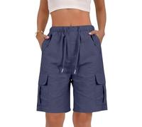 Womens Cargo Shorts 2026 Summer Cotton Linen Bermuda Shorts with Multiple Pockets Knee Length Elasticated Waist Drawstring Ladies Short Lightweight Comfy Beach Travel Half Pants Navy