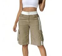 Womens Cargo Shorts with Multi Pockets, Bermuda Shorts for Women Summer Straight Leg Knee Length Chino Combat Cargo Pants Elasticated Waist Buttoned Baggy Half Pants for Walking Hiking Work Travel