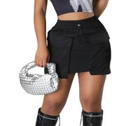 Womens Cargo Skirt Y2K - Casual Summer High Waisted Bodycon Pencil Ruched Mini Skirts Side Drawstring and Pockets, Large Pocekt Black, S
