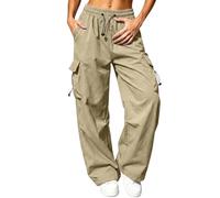 Womens Cargo Trousers High Waist Drawstring Solid Y2K Wide Leg Hiking Pants | Lightweight, Baggy, Casual, Stretchy, Loose Fit, Plus Size, Parachute Pant, with Multi Pockets, for Autumn