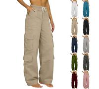 Womens Cargo Trousers UK High Waist Combat Pants with Multiple Pockets Solid Color Drawstring Tracksuit Bottoms Baggy Lightweight Wide Leg Trousers Ladies Casual Jogging Pants Hiking Walking Khaki