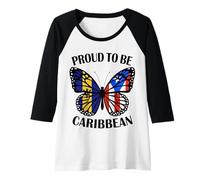 Womens Caribbean Girl Butterfly Barbados and Boricua Flag Heritage Raglan Baseball Tee